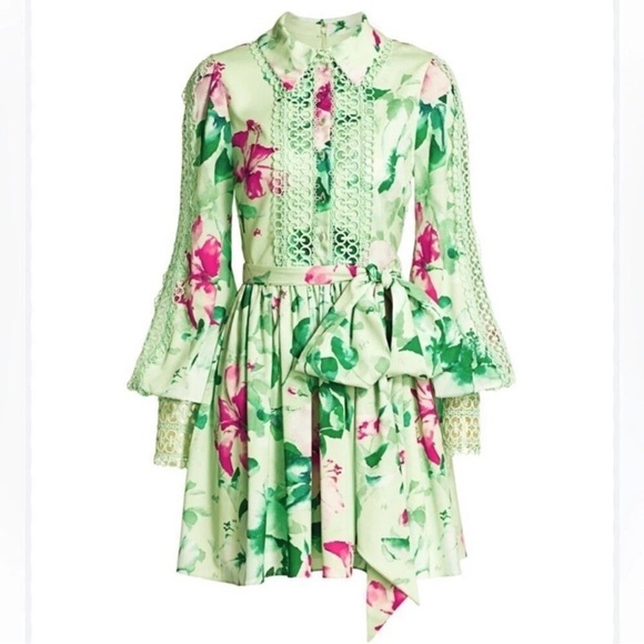Badgley Mischka Dresses & Skirts - Badgley Mischka Lace-Trimmed Floral Shirtdress size 10 great condition